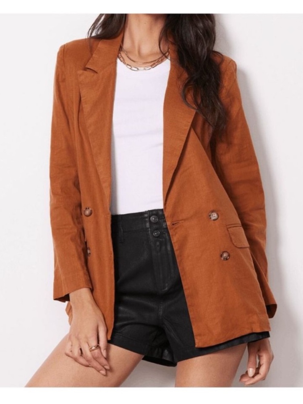 Evereve Alexa Double Breasted Linen Blend Blazer - Caramel Cafe